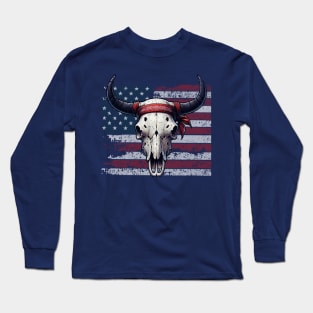 American Flag and Cattle Skull Long Sleeve T-Shirt